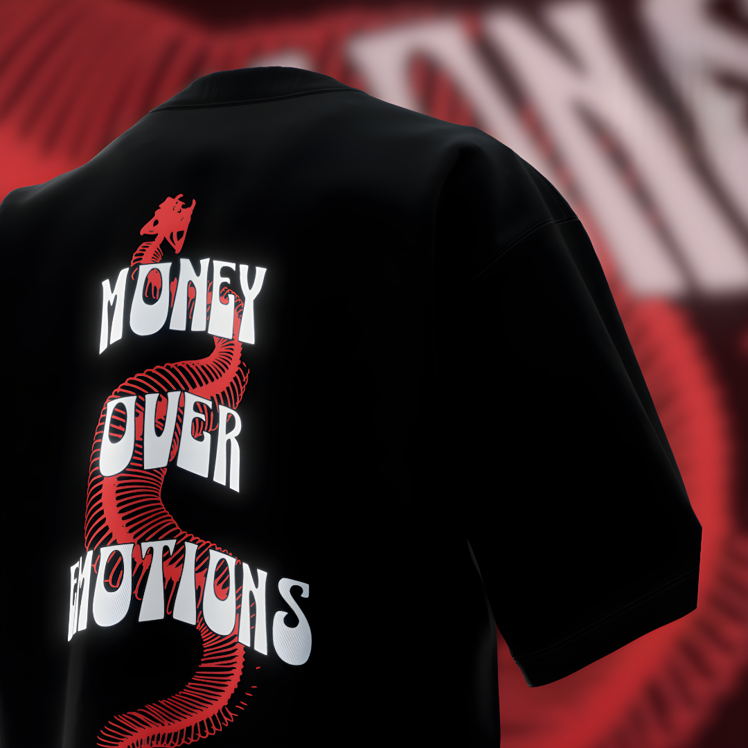 Money over emotions black puff t-shirt